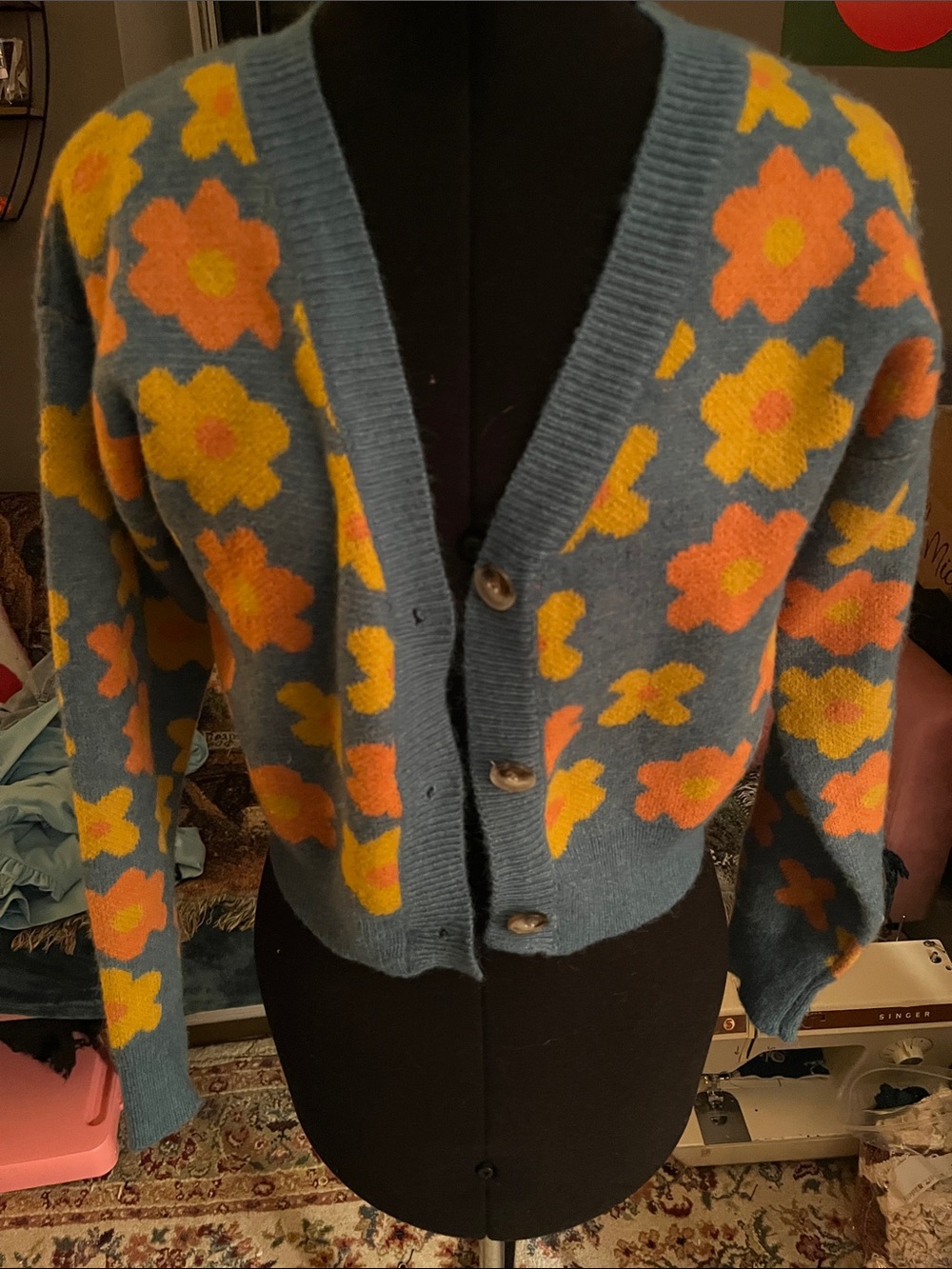 HYFVE Teal Floral Cardigan with Orange & Yellow Blooms